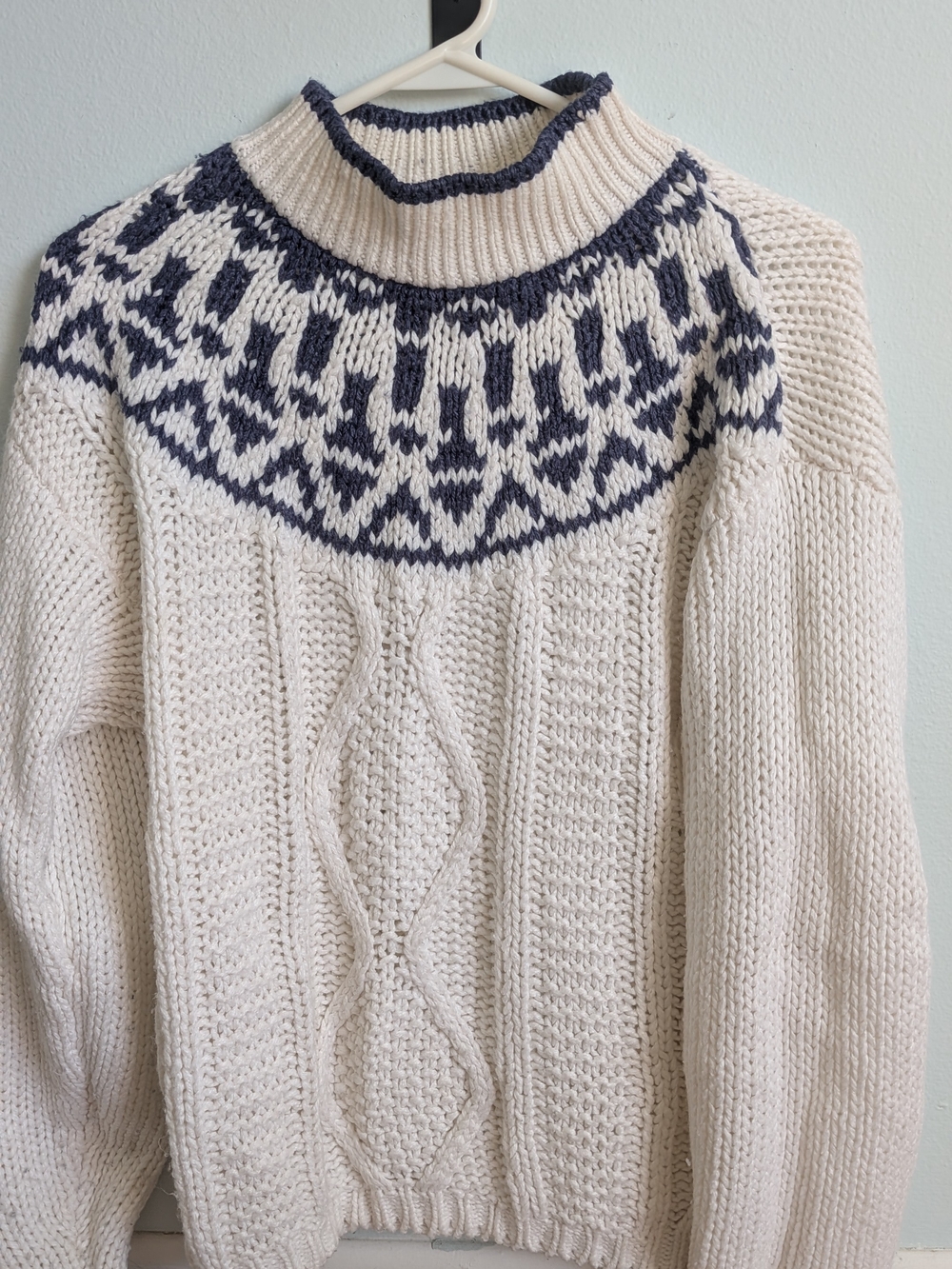 Cream Cable-Knit Turtleneck Sweater with Navy Yoke